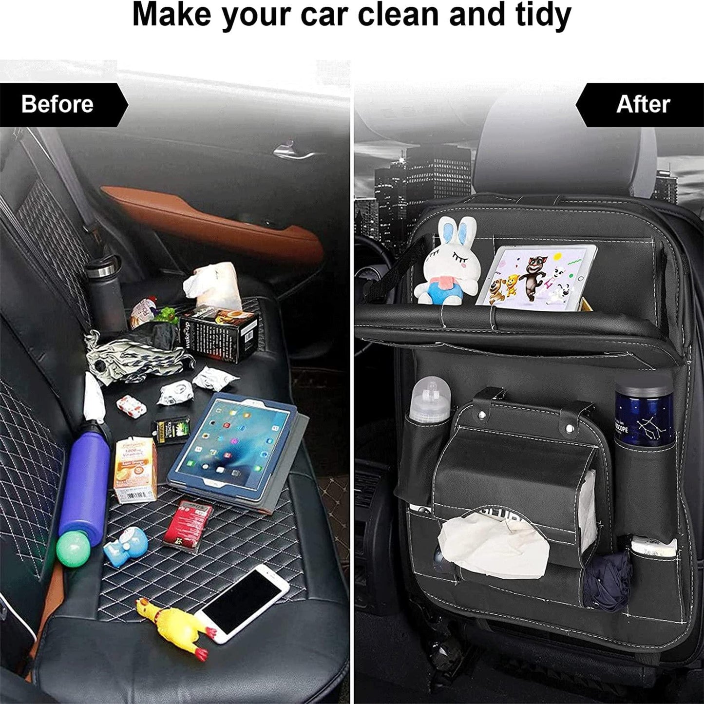 CAR SEATBACK ORGANIZER WITH FOLDABLE TABLE TRAY - FinoSphere